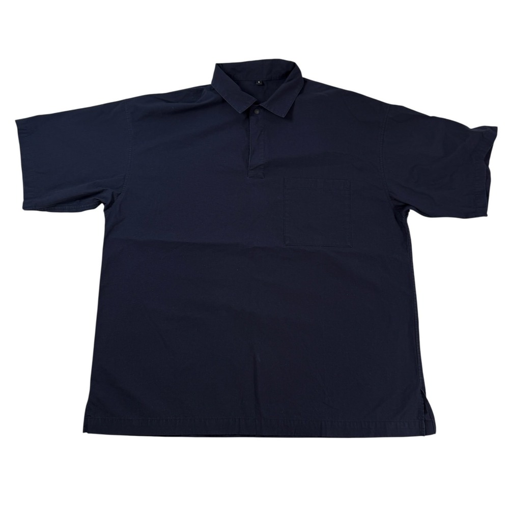 MUJI Mens Navy‎ Blue Cotton Blend Short Sleeve Snap Polo Shirt Size S Minimalist